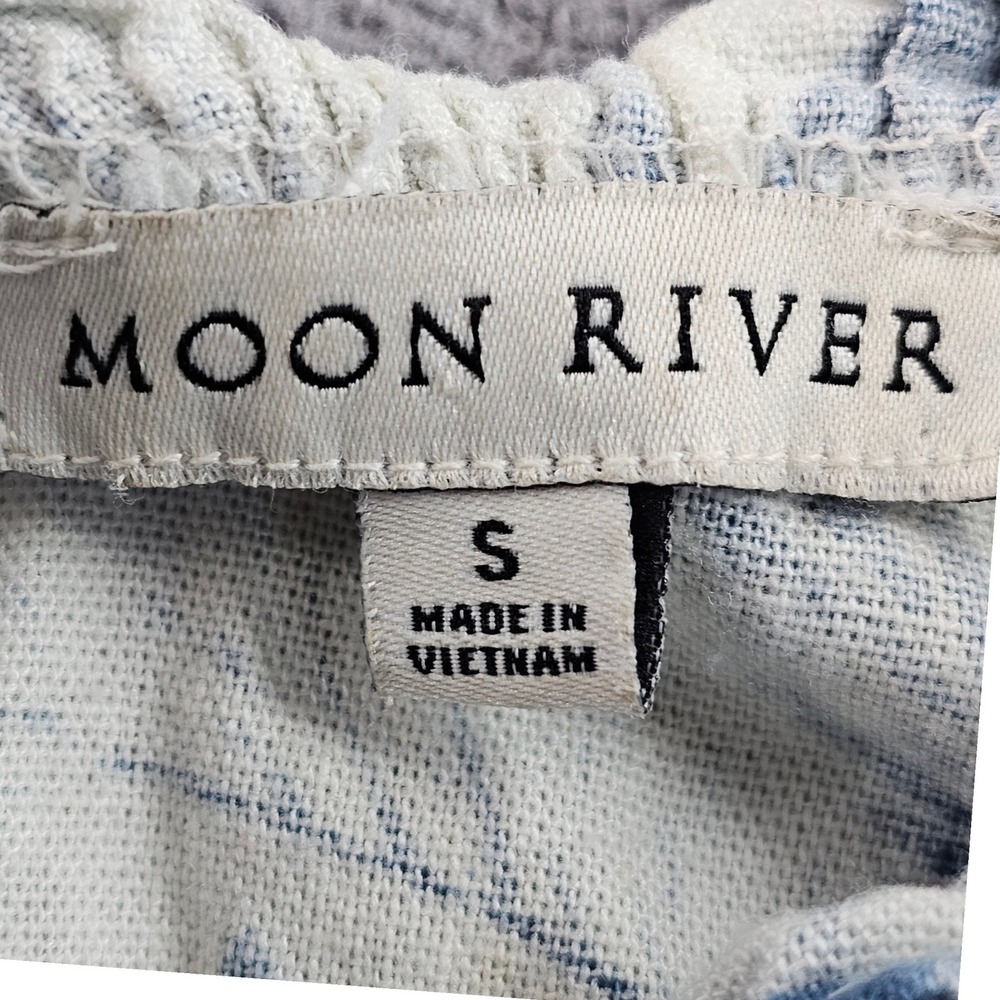 Moon River Maxi Dress Women's S Blue White Smocked Linen Blend Flutter Sleeve - Picture 11 of 12